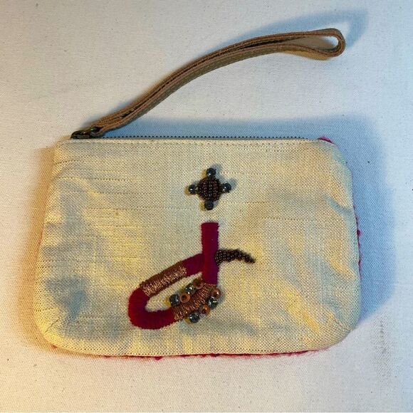 Miss Albright Handbags - Anthropologie beweweled Miss Albright J monogram fuchsia cream wristlet